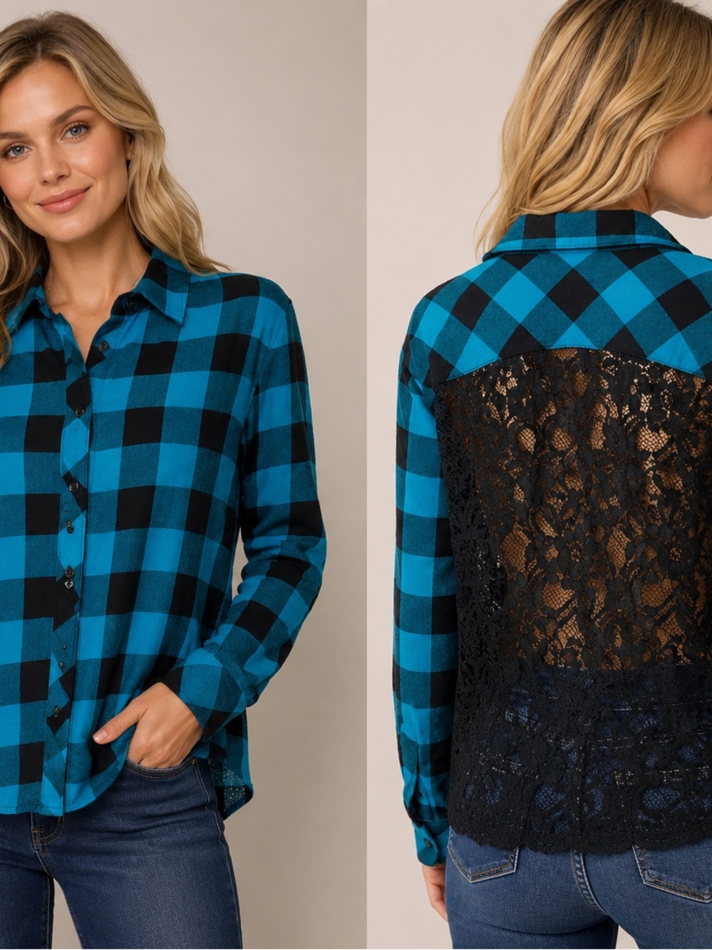 Kensie Women’s XL Blue Black Buffalo Plaid Button Down Shirt Lace Back